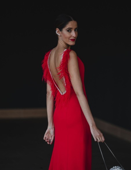 Robe de soirée longue avec décolleté en plumes dans le dos