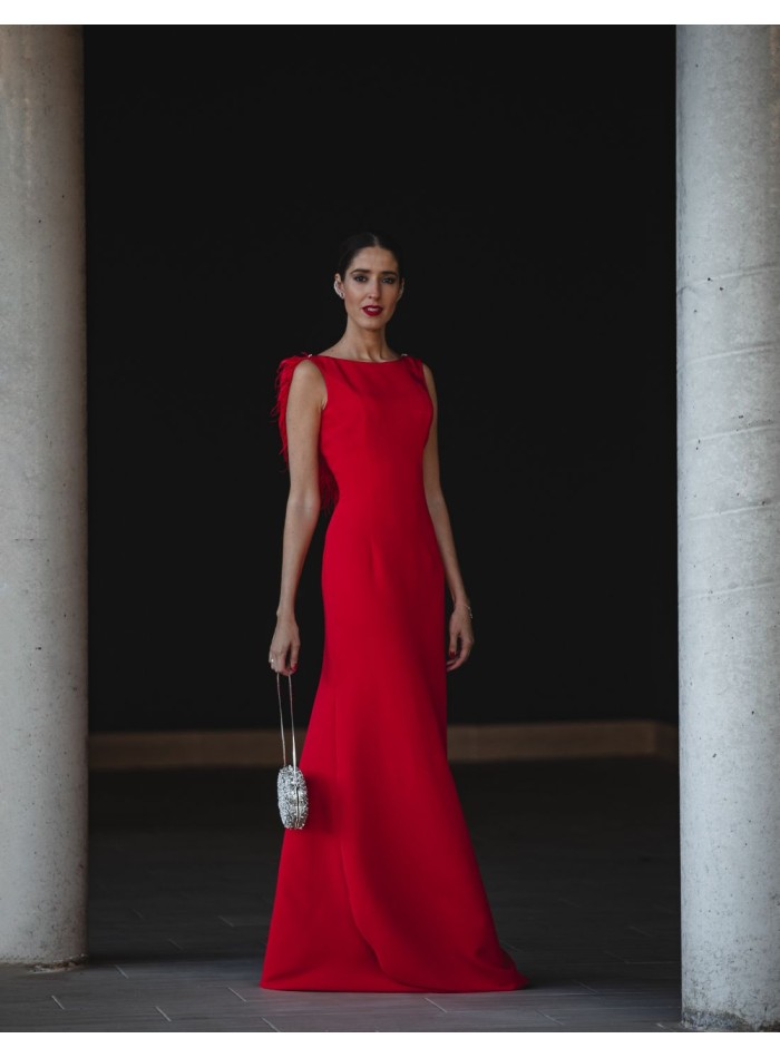 Robe de soirée longue avec décolleté en plumes...