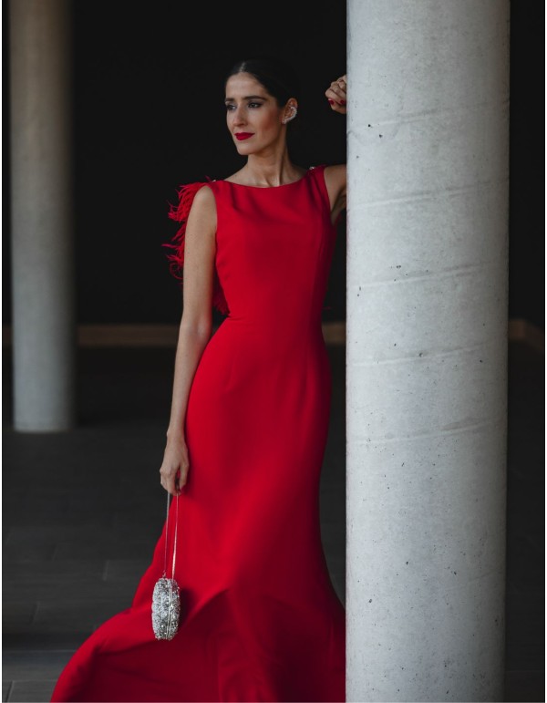 Long party dress with feathered back neckline