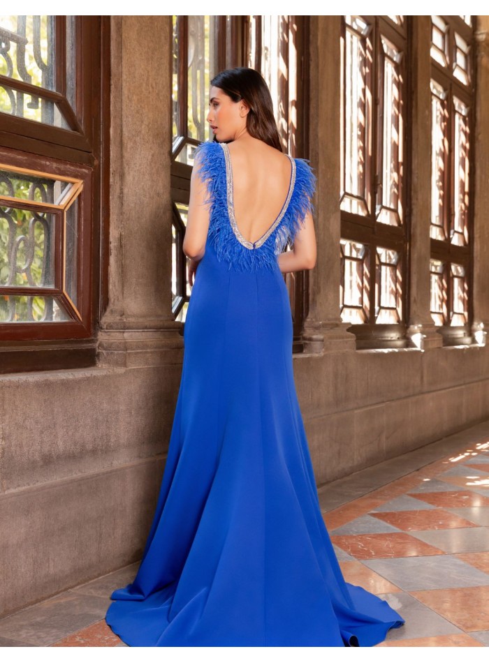 Robe de soirée longue avec décolleté en plumes...