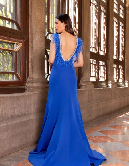 Long party dress with feather back neckline - Invitada Perfecta