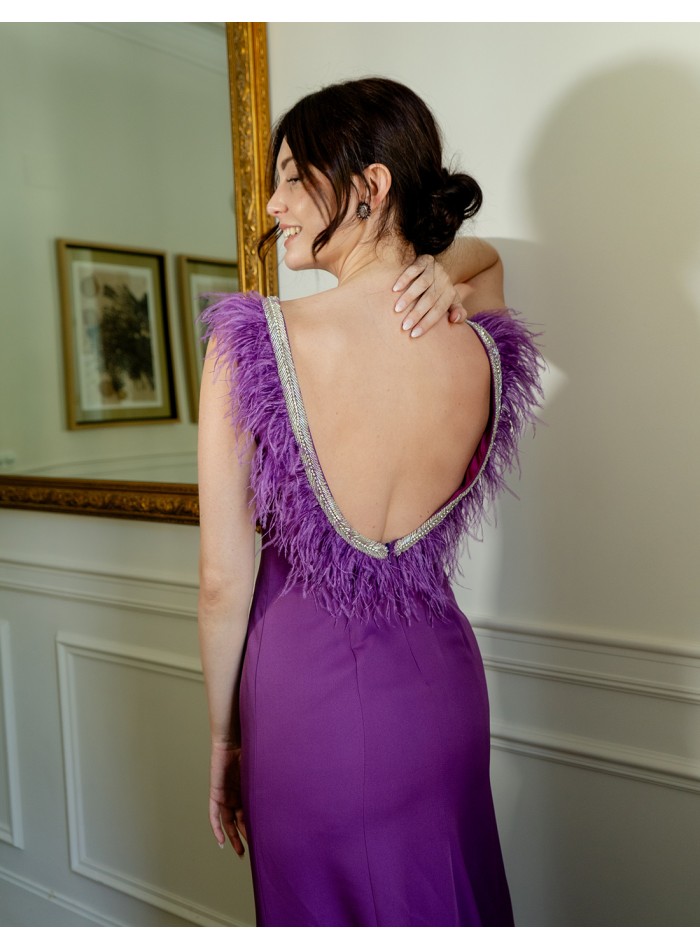 Long party dress with feather back neckline -...
