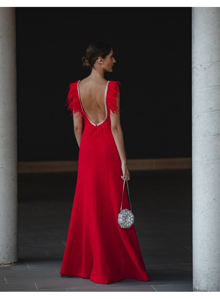 Long party dress with feather back neckline -...