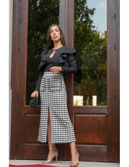 Ecru and black chanel midi skirt with slit and pockets