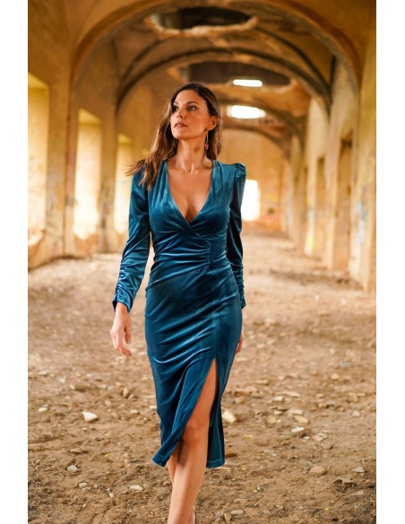 Vestido midi de fiesta terciopelo azul pato