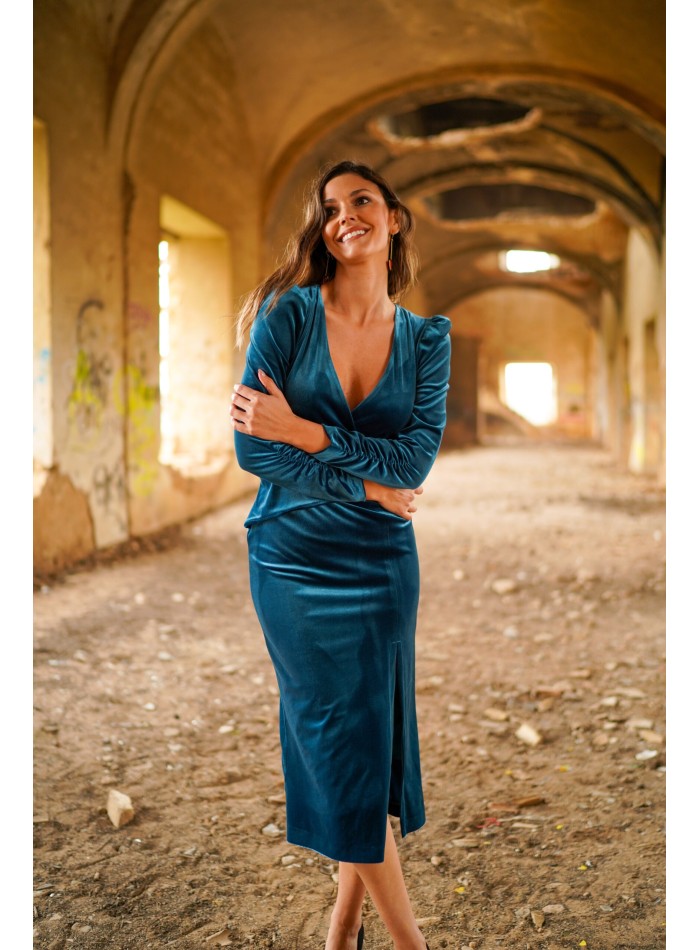Vestido midi de fiesta terciopelo azul pato