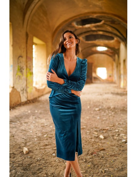 Vestido midi de fiesta terciopelo azul pato