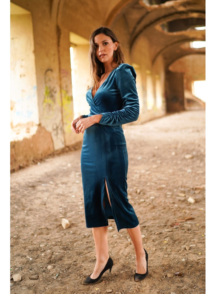 Robe midi en velours bleu canard