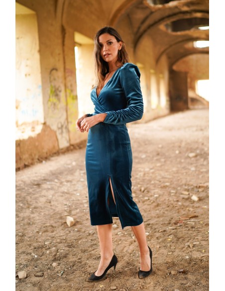 Robe midi en velours bleu canard