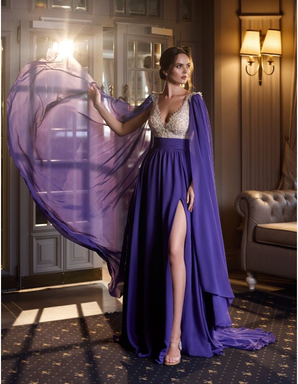 Vestido de fiesta largo con falda de gasa y corpiño bordado