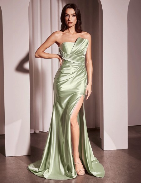 Vestido de fiesta palabra de honor con detalle frontal en satén verde claro