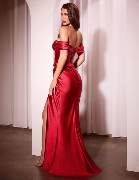 Satin off shoulder fitted gown