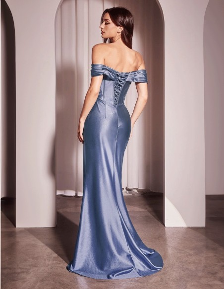 Satin off shoulder fitted gown