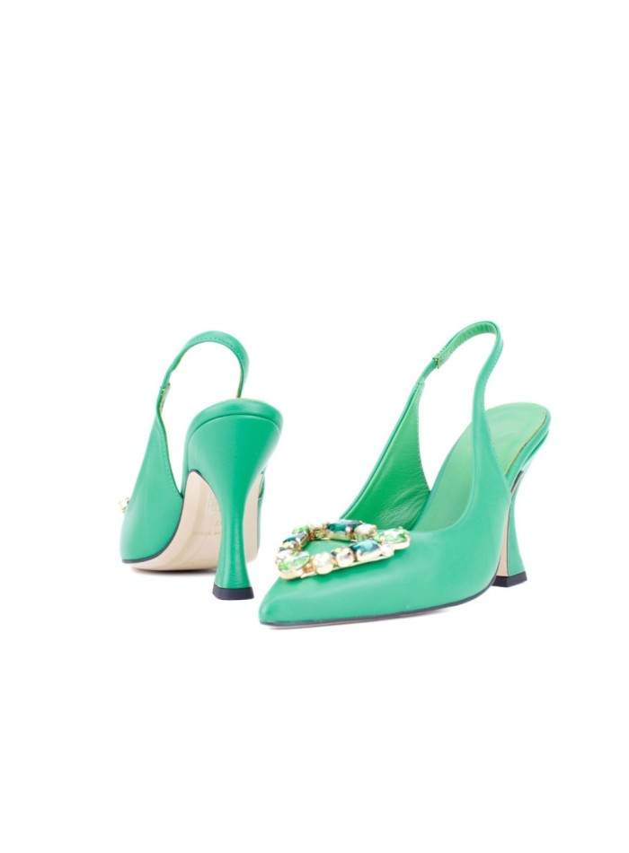 High heeled shoe with rhinestone detail on the toe