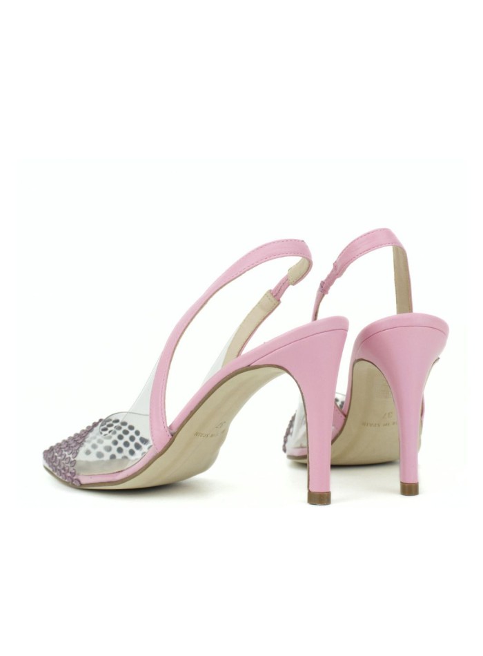 Transparent heeled shoe with rhinestone details