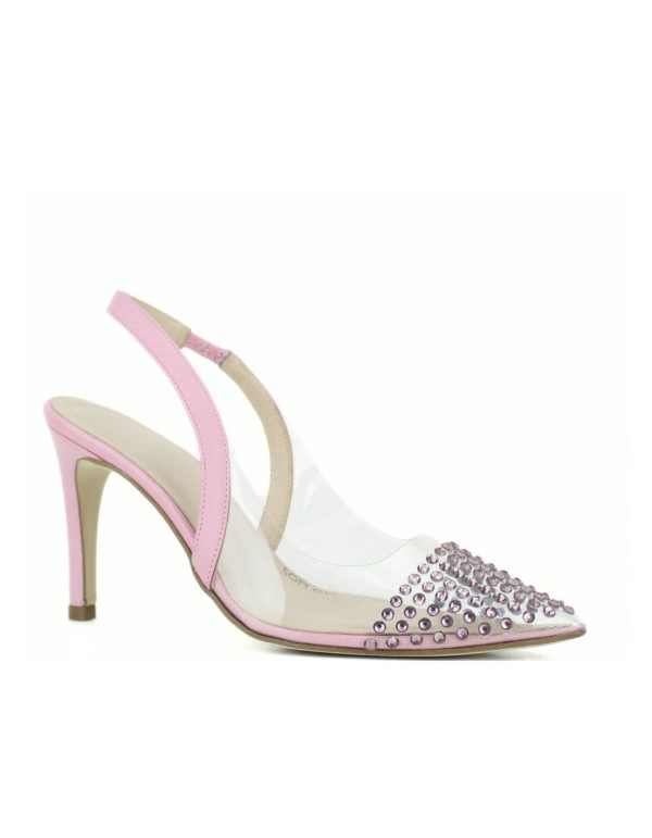 Transparent heeled shoe with rhinestone details