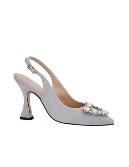 Heeled heeled shoe in gray suede with rhinestone details