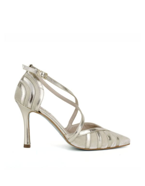 Metallic finish high heel shoes with crossed straps