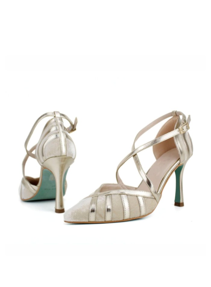 Metallic finish high heel shoes with crossed...