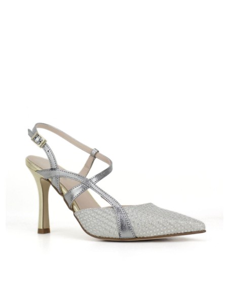 Grey suede high heel shoes with silver crossed straps