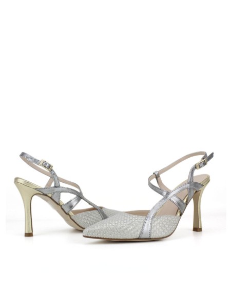 Chaussures à talon fin en daim gris avec lanières croisées argentées
