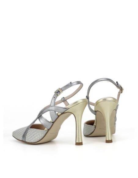 Grey suede high heel shoes with silver crossed straps