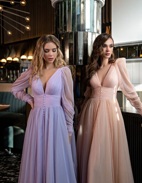 Robe de soirée longue avec encolure plissée et manches bouffantes - Invitada Perfecta