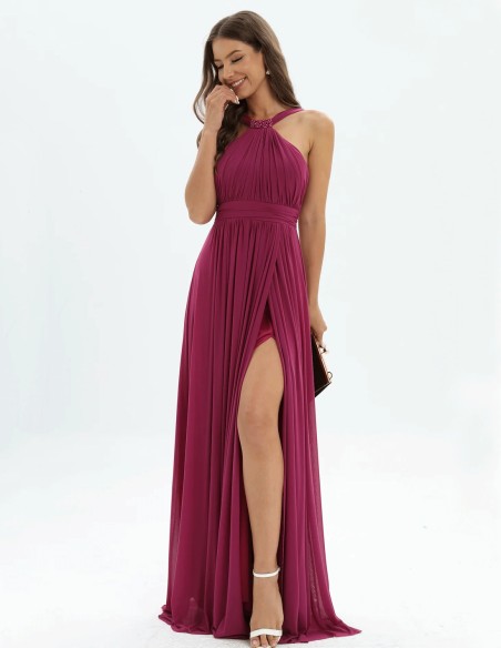 Vestido Largo de Fiesta con Escote Halter y Detalles de Pedrería buganvilla