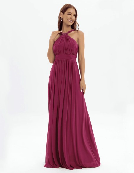 Robe de soirée longue avec encolure licou et détails en strass