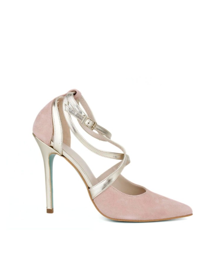 Zapato de tacón fino en ante rosa con tiras...