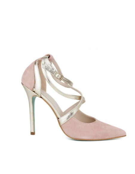 Pink suede high heel shoes with crossed straps