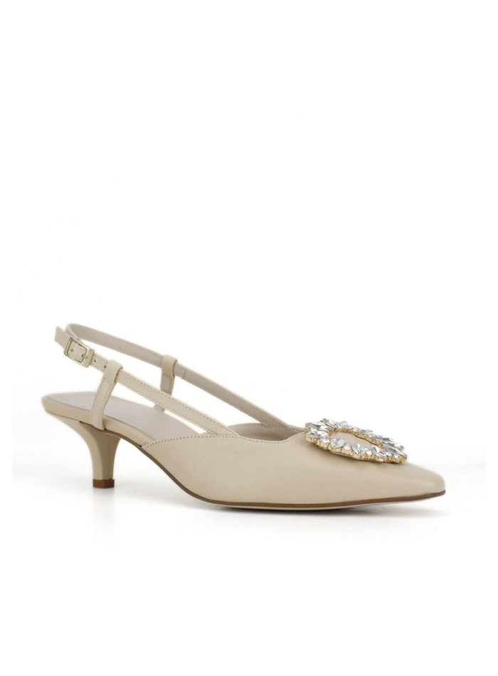 Beige suede heeled shoes with rhinestones detail