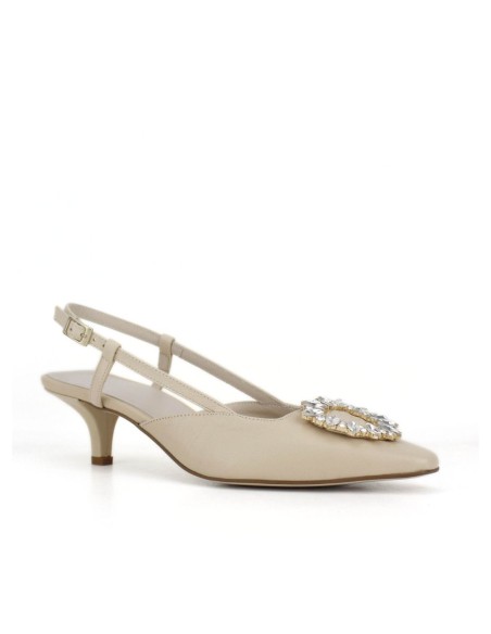 Beige suede heeled shoes with rhinestones detail