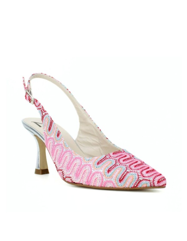 Heeled shoe with printed fabric and metallic heel 2