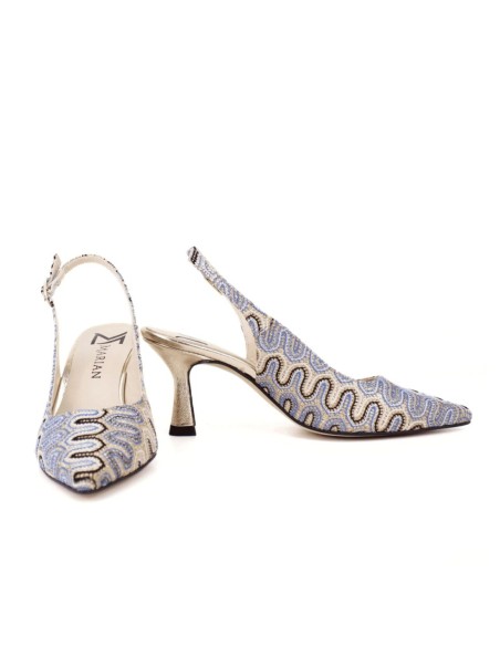 Heeled shoe with printed fabric and metallic heel