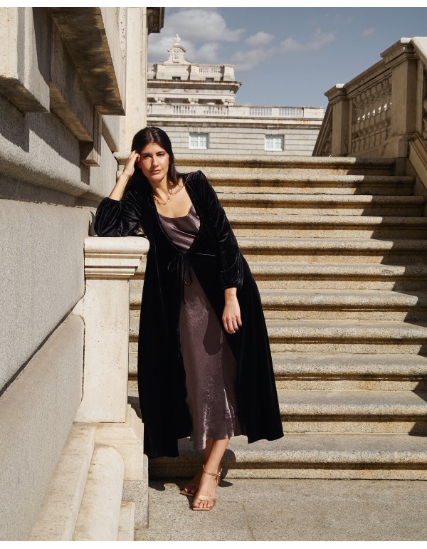 Black velvet midi coat with crossover neckline 2