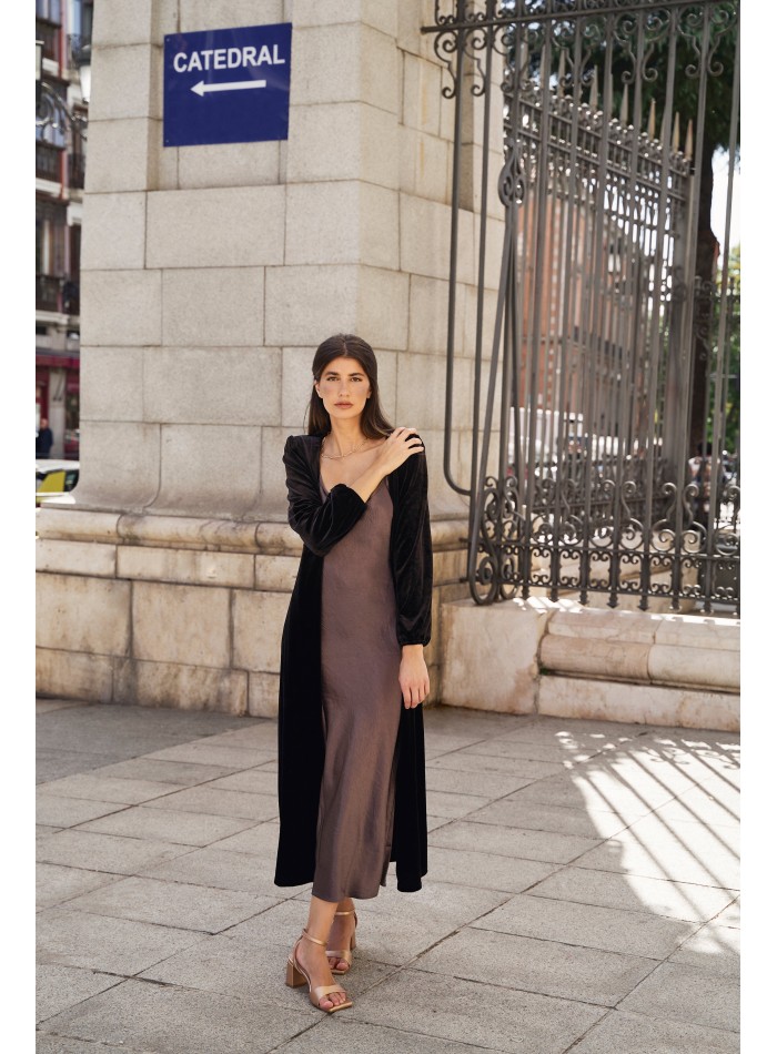 Black velvet midi coat with crossover neckline