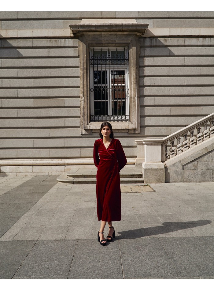 Maroon velvet midi coat with crossover neckline