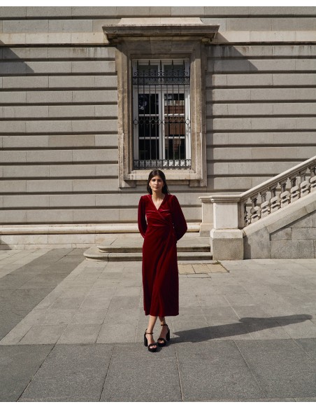 Maroon velvet midi coat with crossover neckline
