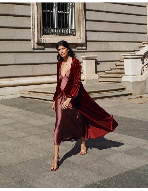 Brown velvet midi coat with crossover neckline