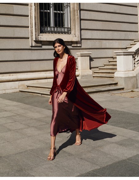 Brown velvet midi coat with crossover neckline