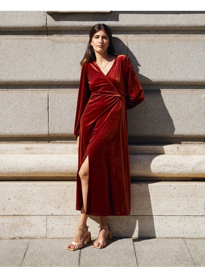 Brown velvet midi coat with crossover neckline