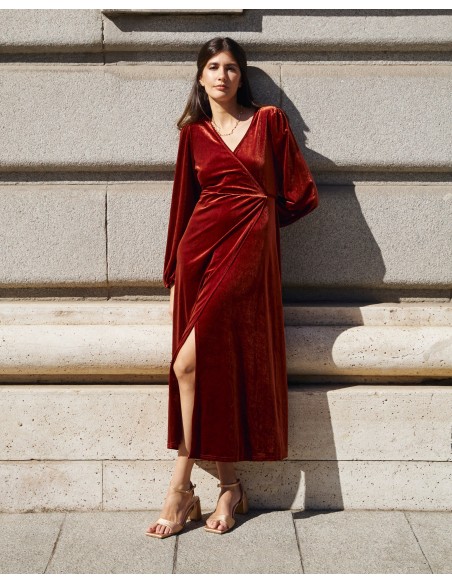 Brown velvet midi coat with crossover neckline