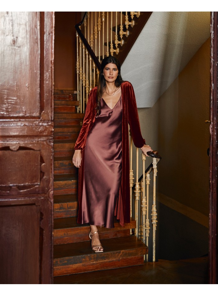 Brown velvet midi coat with crossover neckline