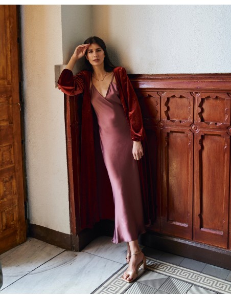 Brown velvet midi coat with crossover neckline