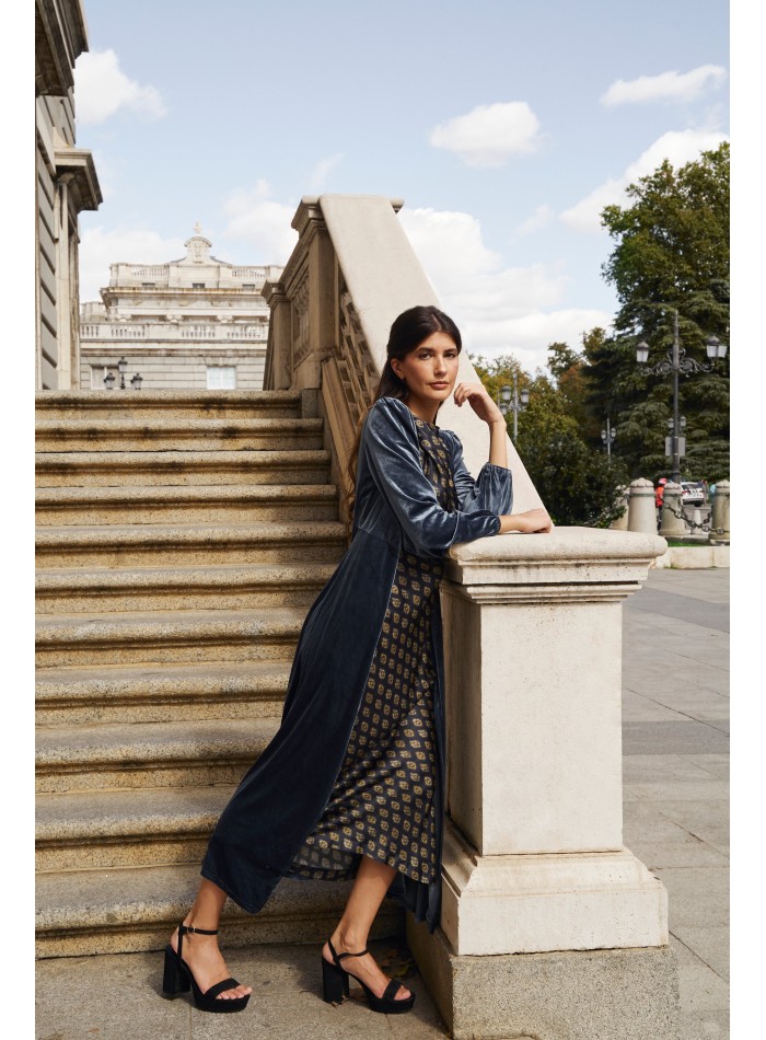 Pearl gray velvet midi coat with crossover...