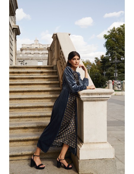Pearl gray velvet midi coat with crossover neckline