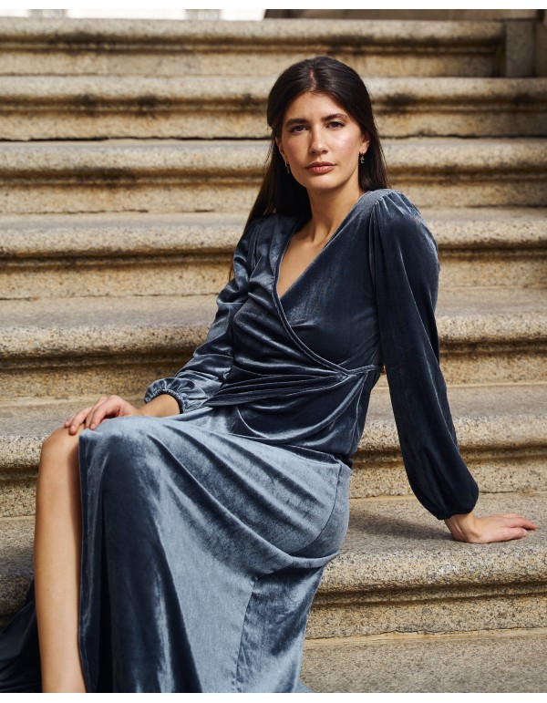 Pearl gray velvet midi coat with crossover neckline 2