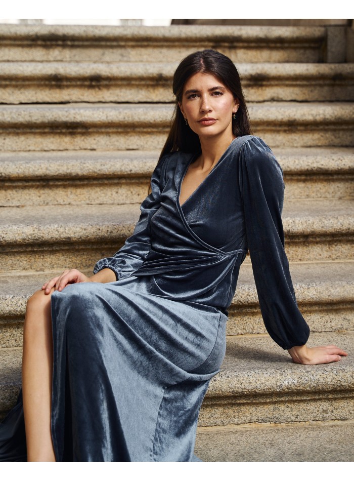 Pearl gray velvet midi coat with crossover...