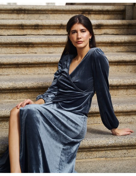 Pearl gray velvet midi coat with crossover neckline